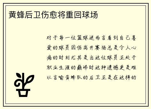 黄蜂后卫伤愈将重回球场