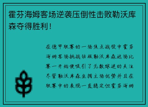 霍芬海姆客场逆袭压倒性击败勒沃库森夺得胜利！