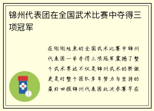 锦州代表团在全国武术比赛中夺得三项冠军