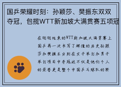 国乒荣耀时刻：孙颖莎、樊振东双双夺冠，包揽WTT新加坡大满贯赛五项冠军